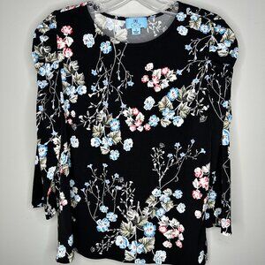 CeCe Size S Black Floral Print 3/4 Ruffle Sleeve Blouse